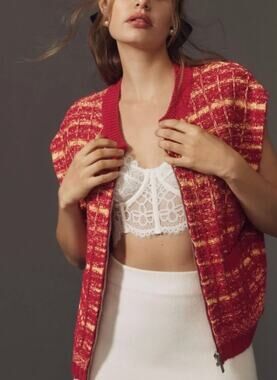 Anthropologie Maeve Tweed Front Zip Pocket Sleeveless Cardigan M